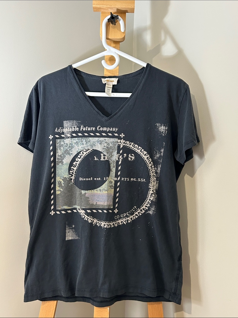 Y2K VINTAGE Diesel Washed Black V-Neck Graphic Tee Men’s XL